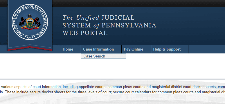 A close of up the UJS of PA Web Portal Navigation Menu that shows the menu option 'Case Information' selected, which displays the dropdown menu item 'Case Search' | Record Eraser