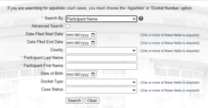 The Case Search form found on UJS of PA Web Portal that allows PA residents to look up publicly available criminal records by first and last name, and docket type, among other parameters | Record Eraser
