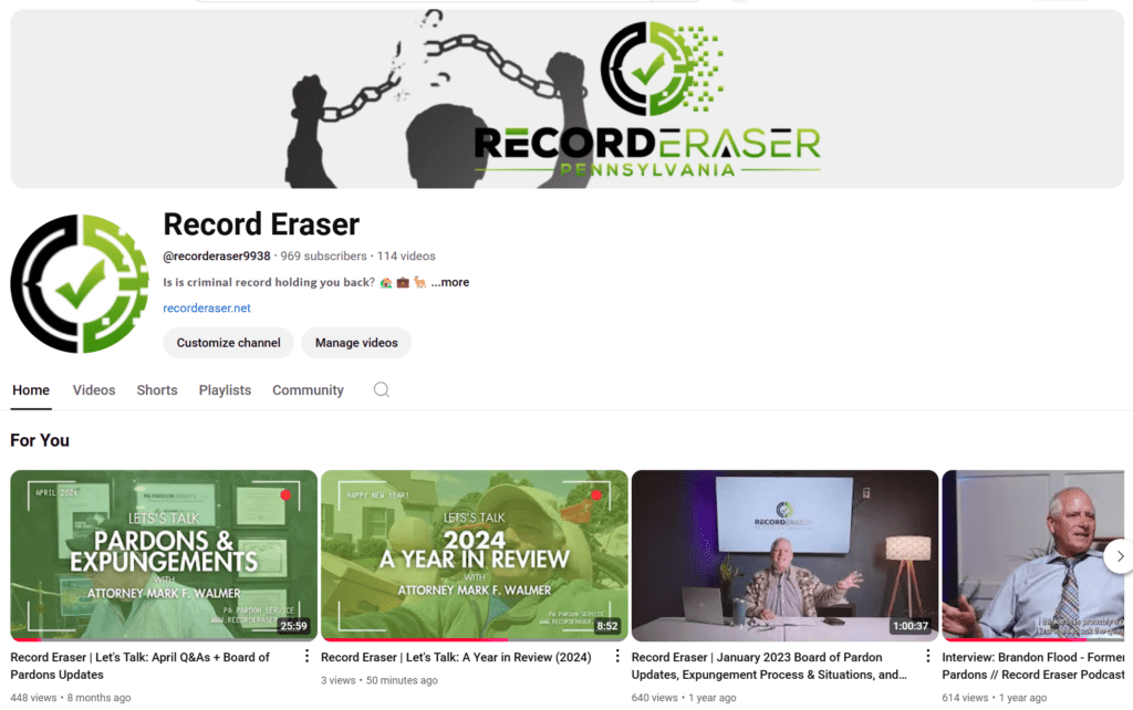 screenshot of expungement record eraser youtube channel